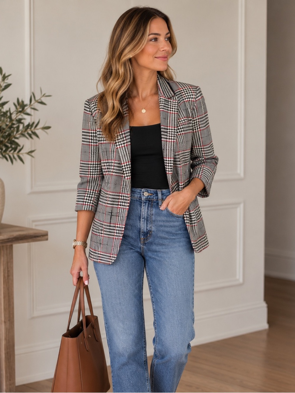 Madison Plaid Blazer in Black, Gray and Red